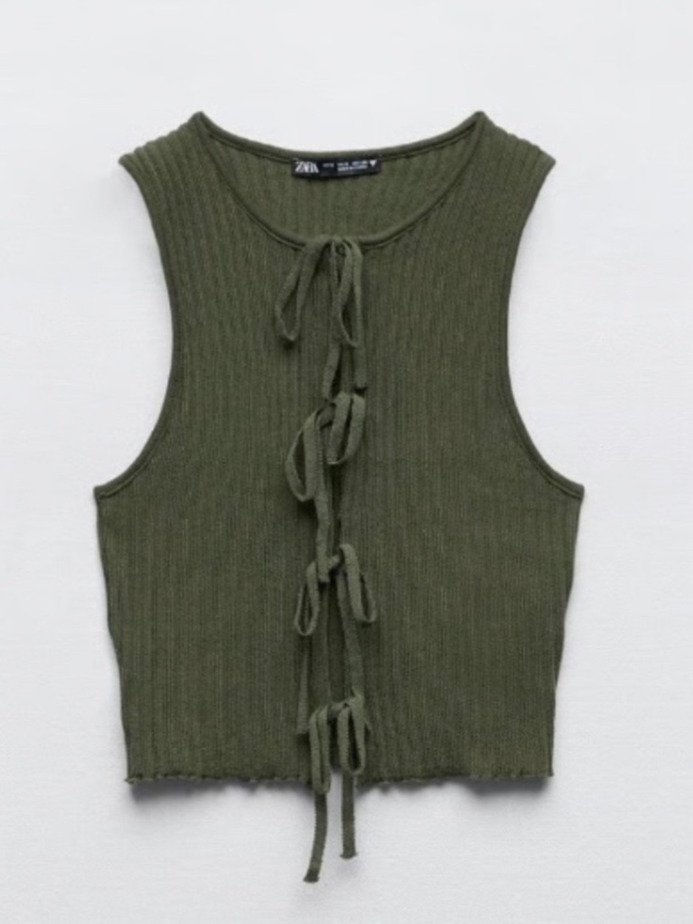 Zara Sleeveless Ribbed Tie Front Knit Top Shirt Dark Green Womens Size Small